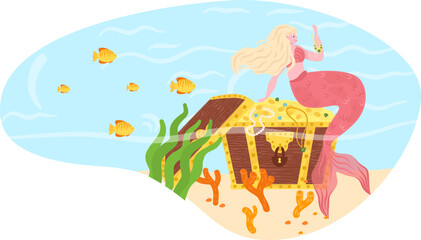 Mermaid with blonde hair sitting on treasure chest underwater. Ocean scene with fish and seaweed. Mythical creature finding treasure vector illustration.