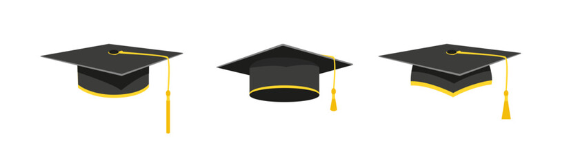Graduate caps with gold tassels set. Black cap with square brim to celebrate successful graduation from school and college with academic success vector uniform