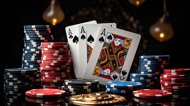 Colorful casino chips and playing cards on green table for gambling and poker games.