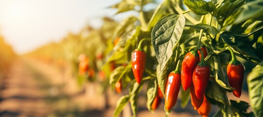 Abundant chili pepper harvest growing on an open plantation under the warm summer sun. - obrazy, fototapety, plakaty