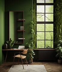 Serene home office with large windows and lush plants