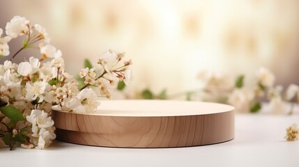 Fototapeta na wymiar Round empty wooden platform podium for product presentation and spring flowers on pastel beige background.