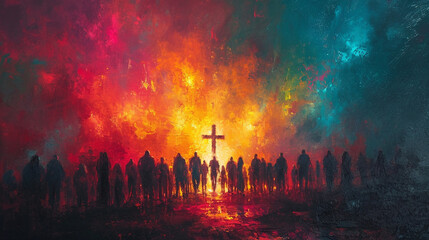 Obraz na płótnie Canvas Road to the Cross, Christian symbol, people go to the cross, illuistration