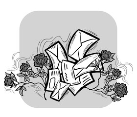 Romantic letter, flowers and mail envelop. Decorative elements for discount poster, sale banner, birthday cart, wedding party invitation. Hand drawn illustration, retro style drawing.