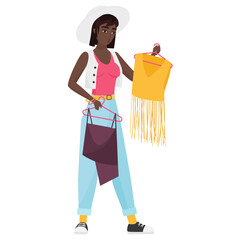 Hipster black girl choosing outfit. Cool girl with fashion modern clothes cartoon vector illustration