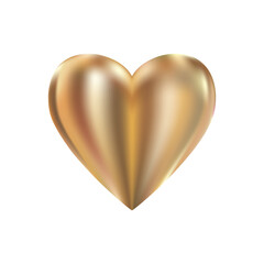 Golden realistic heart icon on white background. 3d vector illustration.