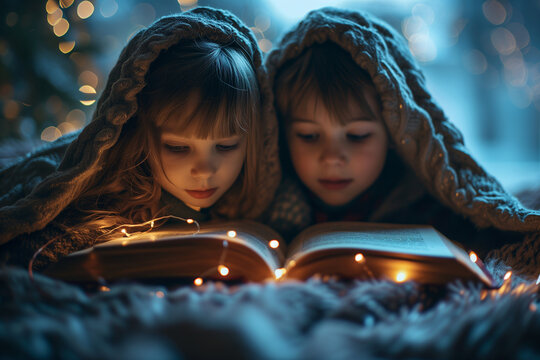 Two cute little girls reading a book under the blanket on the bed at home
