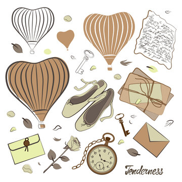 A romantic set with hot air balloons, ballet shoes, letters, keys, a rose and rose petals. The word "Tenderness". delicate beige pastel color. Elegant graphics. For postcard, invintation