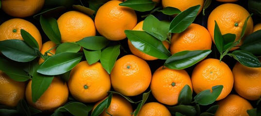Vibrant background of fresh mandarins with green leaves natural citrus fruit display