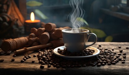 Fototapeta na wymiar coffee mug beautiful steam with coffee beans