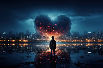 Fototapeta premium Alone man stands in front of a cityscape at night. In the distance, there is a large explosion in the shape of a heart. Heart is glowing with red and orange lights.