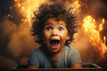 Little boy with tousled hair and a surprised expression and an open mouth is sitting in a box with a fire in the background. - obrazy, fototapety, plakaty