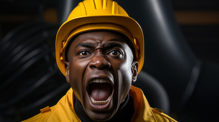 Portrait of angry shouting African construction worker in yellow construction hat