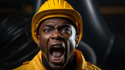 Poster Portrait of angry shouting African construction worker in yellow construction hat © Daniel