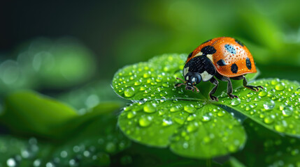 ladybug crawls on a green four-leaf clover Ai generative