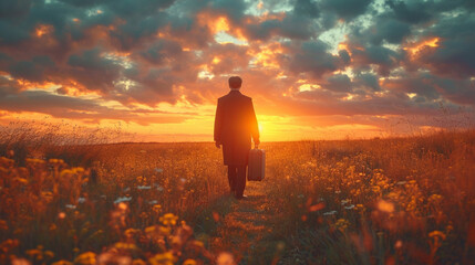 A man with a suitcase in a field of flowers