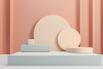 3d Geometric Shapes. Blank Podium Display in Pastel Color. Minimalist Pedestal or Showcase Scene for Present Product and Mock Up. Abstract Background for Cosmetic Advertising.