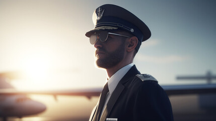 Male Caucasian pilots and attractive stewardess. Airways concept - obrazy, fototapety, plakaty