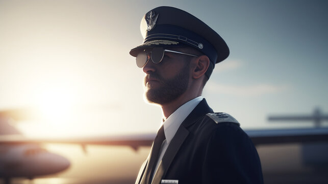 Male Caucasian pilots and attractive stewardess. Airways concept