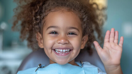 Little smiling girl sitting in dentist's chair, children's dental clinic - obrazy, fototapety, plakaty
