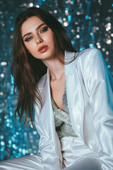 Young beautiful brunette Caucasian woman with evening makeup wears shiny suit at the party