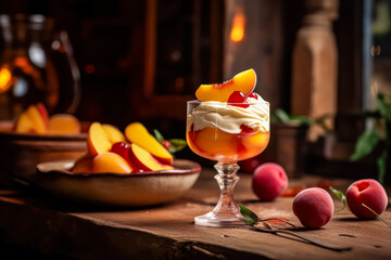 Obraz premium Savor the elegance of Peach Melba, tastefully served on a wooden table. This delightful dessert captures the essence of fruity and creamy indulgence.