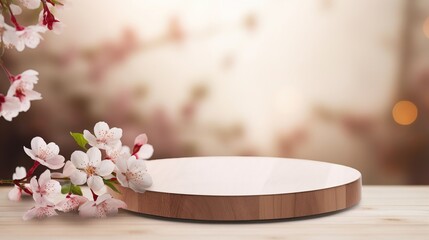 Round empty wooden platform podium for product presentation and spring flowers on pastel beige background, banner
