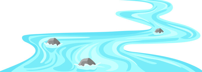 Winding stormy river template. Mountain stream of water with stones and strong current moves into colorful vector distance © Богдан Скрипник