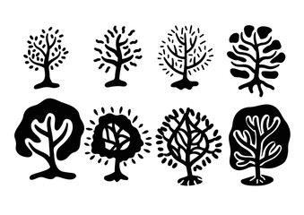Tree in linocut style. Simple woodcut icon. Black minimalist agriculture plant. Flat farm organic garden. Forest woodland isolated on white