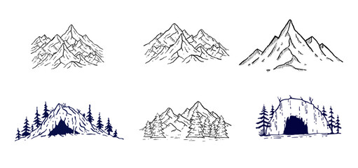 Mountain landscape. Fantasy Sketch peak, engraving nature rock illustration. Set of natural cartoon cliff. Vintage hiking outdoor land, highlands landmark - obrazy, fototapety, plakaty