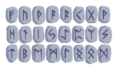 Scandinavian stone runes. black letters on white background. Set of old Norse Runic alphabet, Futhark. Ancient occult Viking characters on white background, rune font.