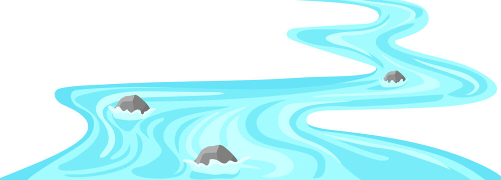 Winding stormy river template. Mountain stream of water with stones and strong current moves into colorful vector distance