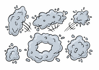 Comic bubble cloud. Track and trace. An abstract element of movement. Cartoon black and white illustration. Set of Funny smoke and steam.