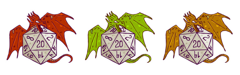 Dice d20 for playing Dnd. Dungeon and dragons board game. Cartoon outline drawn illustration. A magical creature © Taras