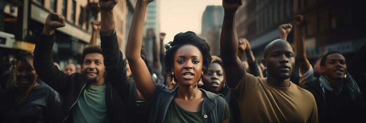 Unity in Protest: Raised Fists in Urban Rally. African American History or Black History Month concept - obrazy, fototapety, plakaty