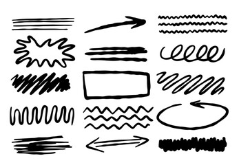 Set of doodle swirls, broken lines and arrow. Hand-drawn geometric shapes. Abstract sketch symbols.