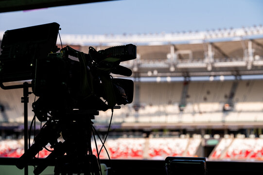 Media Coverage at Sports Event. Camera at modern stadium. Broadcasting and streaming, TV coverage in Paris