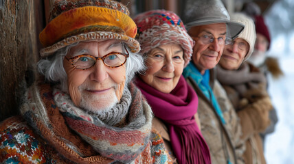 A group of elderly people in winter clothes smile looking at the camera,generative ai