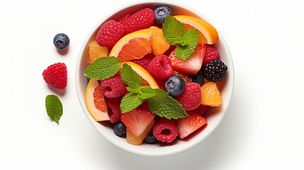 Fresh fruit salad in bowl, top view on white background, delicious and vibrant healthy assortment