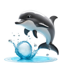 Cute dolphin cartoon animal playing ball on a white backdrop. 