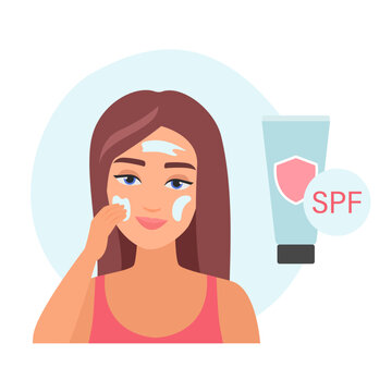Girl applying spf cream. Solar protective cream, body skin care flat vector illustration