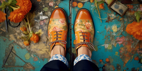 Vue du dessus d'une paire de chaussures en cuir avec motif floral qui fait penser au printemps, chaussure de dandy, élégance intemporelle - obrazy, fototapety, plakaty