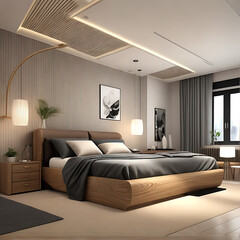 Modern interior bedroom, minimalist style, stucco wall, 3d render, Generative AI