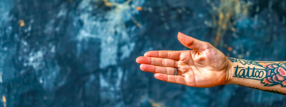 human hand with a tattoo reading "tattoo" on the forearm, set against a blue textured background, emphasizing artistry and self-expression through body art