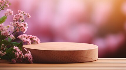 Fototapeta na wymiar Round empty wooden platform podium for product presentation and spring flowers on pink background, banner