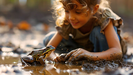 A frog being observed by a curious child in a natural muddy environment - obrazy, fototapety, plakaty