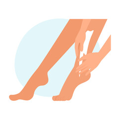 Girl applying spf cream on feet. Solar protective cream, body skin care flat vector illustration