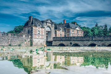 La Ferte Saint Aubin, France,Historical castle buildings with old gate and typical french...