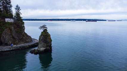 Aerial view of Siwash Rock, Stanley Park, Vancouver, British Columbia on a cloudy morning