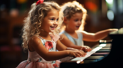 Woman and girl playing a piano. Beautiful woman teaching a little girl playing a piano. - obrazy, fototapety, plakaty